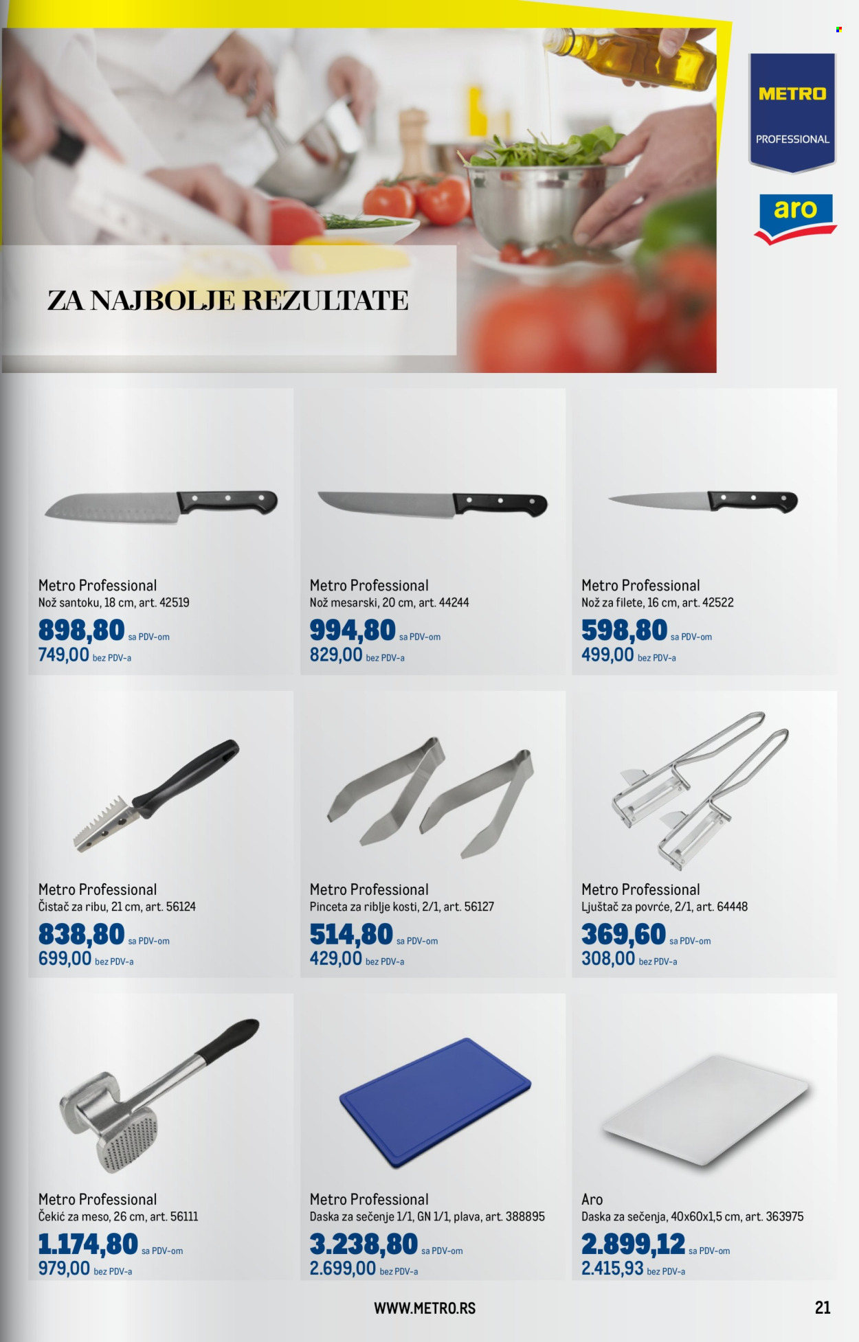 thumbnail - Metro katalog - 01.04.2024 - 30.04.2024 - Proizvodi na akciji - Aro, pinceta, Metro Professional, kuhinjski nož, daska za sečenje, nož, ljuštač, šal, čekić. Stranica 21.