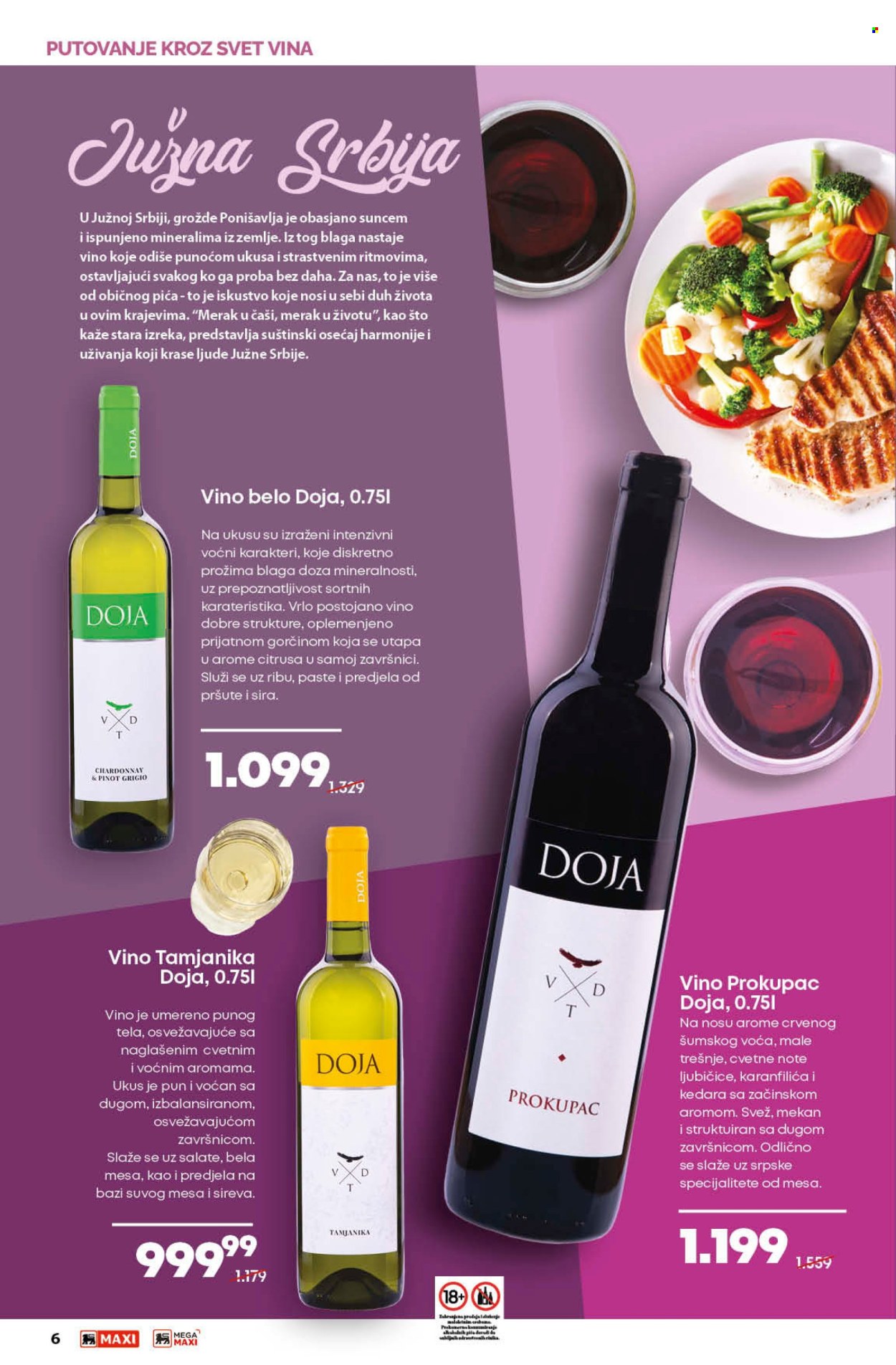thumbnail - Maxi katalog - 11.04.2024 - 08.05.2024 - Proizvodi na akciji - alkohol, Merak, crveno vino, Chardonnay, belo vino, Pinot Grigio, vino, Tamjanika, Prokupac, Doja, trešnja. Stranica 6.