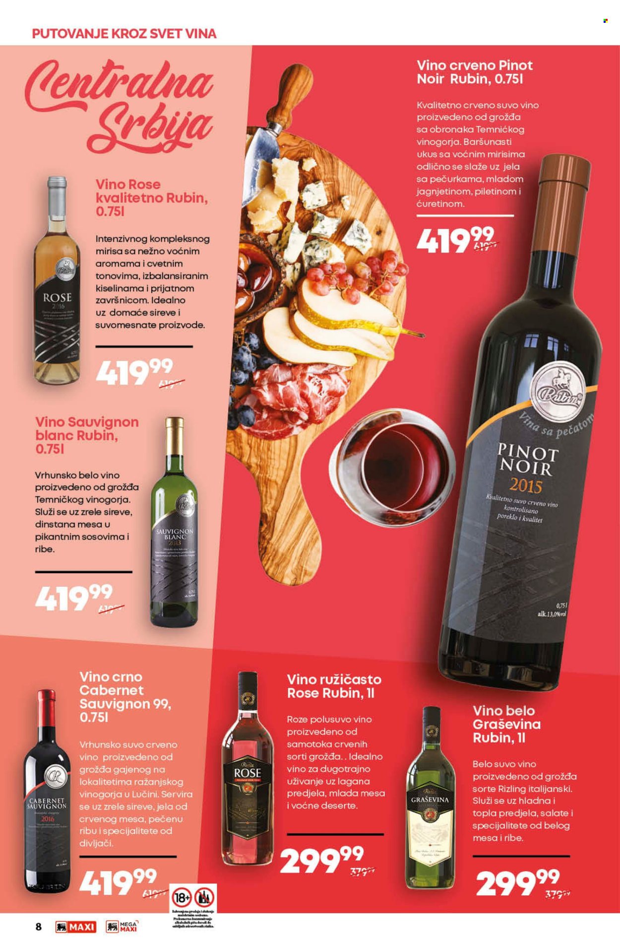 thumbnail - Maxi katalog - 11.04.2024 - 08.05.2024 - Proizvodi na akciji - alkohol, Cabernet Sauvignon, crveno vino, Graševina, Rubin, Sauvignon Blanc, belo vino, vino, Rizling, Pinot Noir. Stranica 8.
