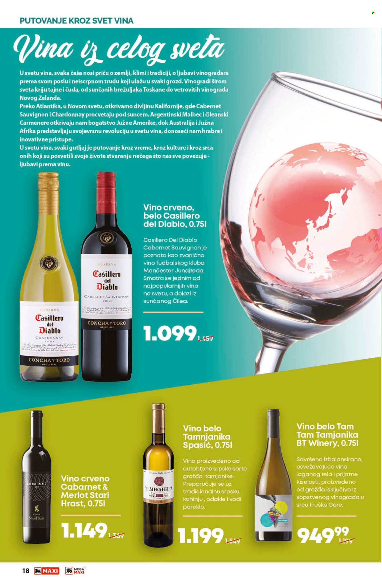 thumbnail - Maxi katalog - 11.04.2024 - 08.05.2024 - Proizvodi na akciji - alkohol, Cabernet Sauvignon, crveno vino, Chardonnay, Merlot, belo vino, vino, Tamjanika, Tamnjanika, Stari Hrast, čaša, sto. Stranica 18.