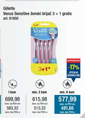Gillette Venus Sensitive ženski brijač 3 + 1 gratis