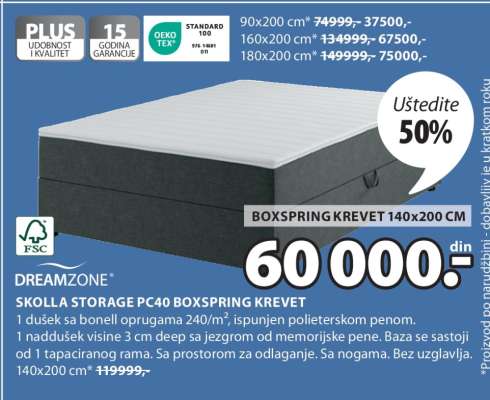 DREAMZONE SKOLLA STORAGE PC40 BOXSPRING KREVET