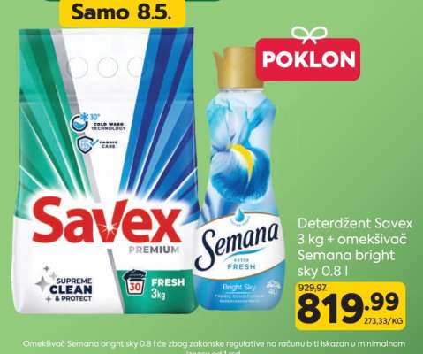 Deterdžent Savex 3 kg + omekšivač Semana bright sky 0.8 l