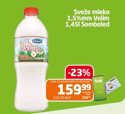 Sveže mleko 1,5%mm Volim 1,45l Somboled