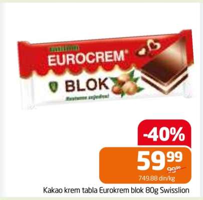 Kakao krem tabla Eurokrem blok 80g Swisslion