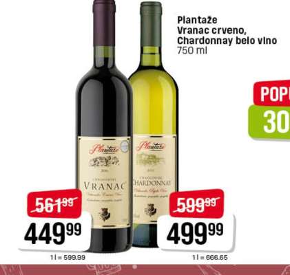 Plantaže Vranac crveno, Chardonnay belo vino