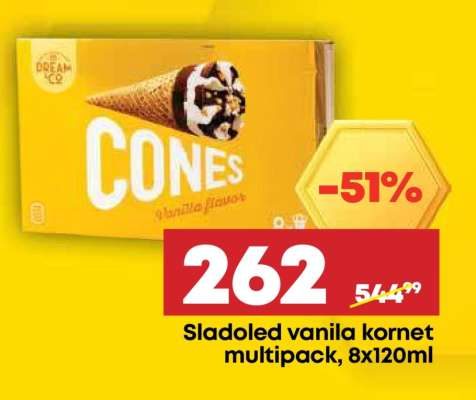 Sladoled vanila kornet multipack, 8x120ml