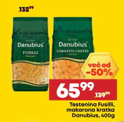 Testenina Fusilli, makarona kratka Danubius, 400g