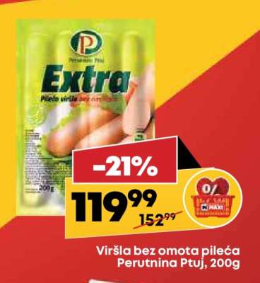 Viršla bez omota pileća Perutnina Ptuj 200g