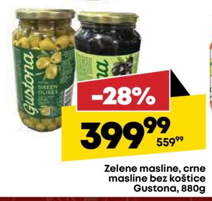 Zelene masline, crne masline bez koštice Gustona, 880g