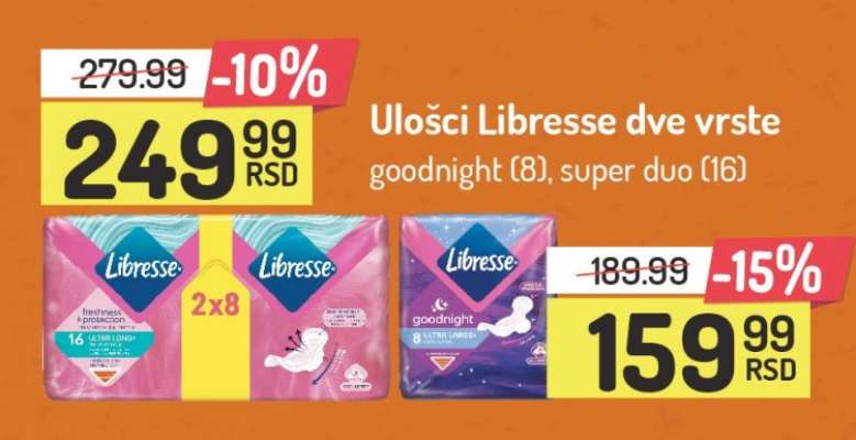 Ulošci Libresse dve vrste goodnight (8), super duo (16)