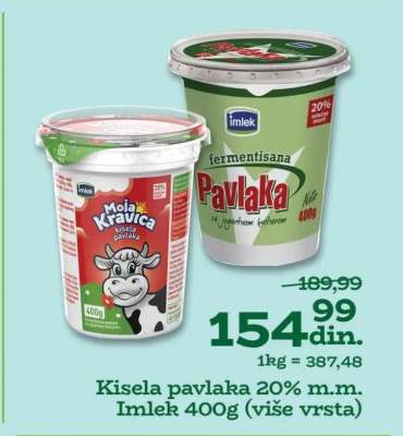 Kisela pavlaka 20% m.m. Imlek 400g (više vrsta)