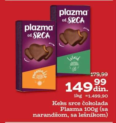 Keks srce čokolada Plazma 100g (sa narandžom, sa lešnikom)