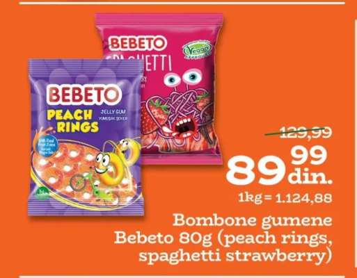 Bombone gumene Bebeto 80g (peach rings, spaghetti strawberry)