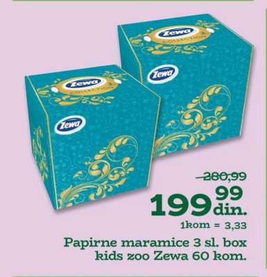 Papirne maramice 3 sl. box kids zoo Zewa 60 kom.