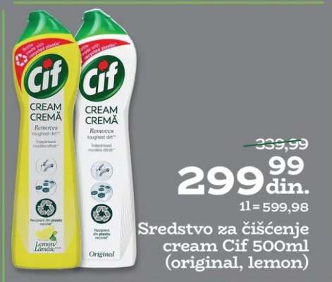 Sredstvo za čišćenje cream Cif 500ml (original, lemon)