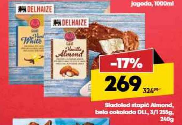 Sladoled štapić Almond, bela čokolada DLL, 3/1 255g, 240g