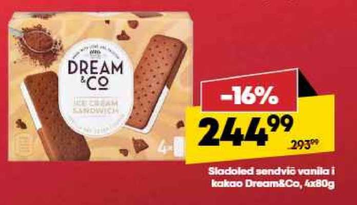 Sladoled sendvič vanila i kakao Dream&Co, 4x80g
