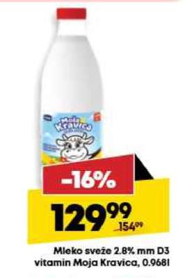 Mleko sveže 2.8% mm D3 vitamin Moja Kravica, 0.968l