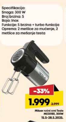 Mikser ručni crni Tesla MX301BX, 300W