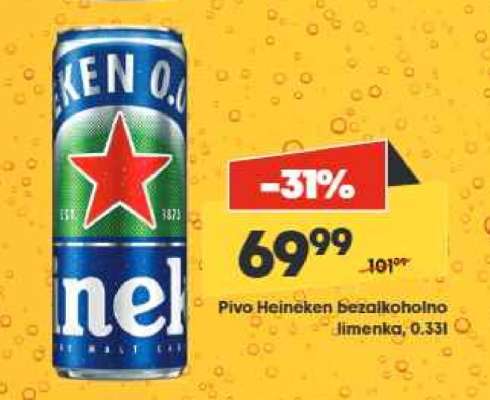 Pivo Heineken bezalkoholno limenka, 0.33l
