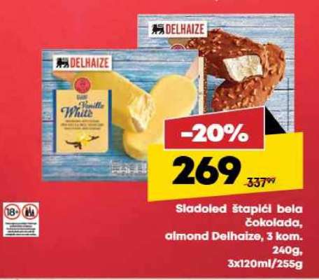 Sladoled štapići bela čokolada, almond Delhaize, 3 kom.