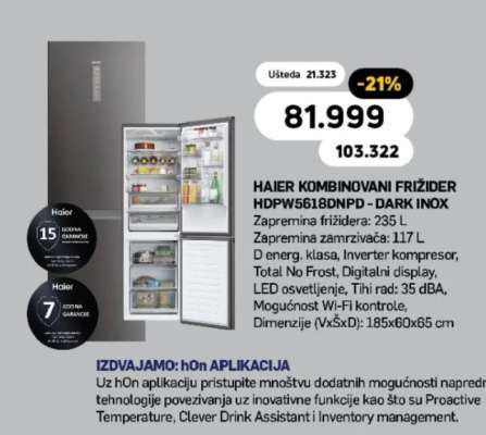 HAIER KOMBINOVANI FRIŽIDER HDPW5618DNPD - DARK INOX