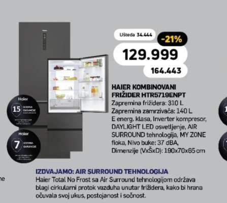 HAIER KOMBINOVANI FRIŽIDER HTR5719ENPT