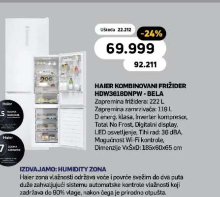 HAIER KOMBINOVANI FRIŽIDER HDW3618DNPW - BELA