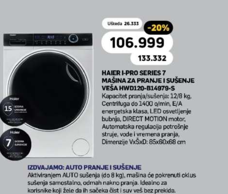 HAIER I-PRO SERIES 7 MAŠINA ZA PRANJE I SUŠENJE VEŠA HWD120-B14979-S