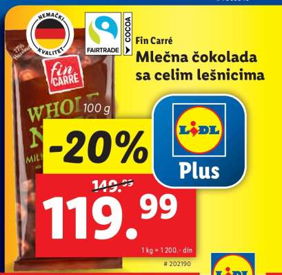 Fin Carré Mlečna čokolada sa celim lešnicima