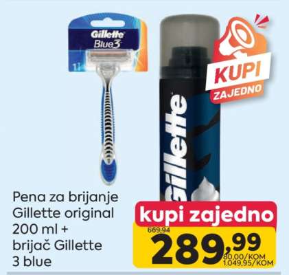 Pena za brijanje Gillette original 200 ml + brijač Gillette 3 blue