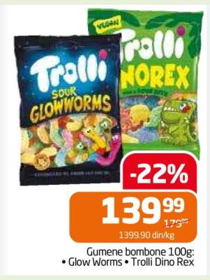 Gumene bombone 100g: Glow Worms, Trolli Dino Rex