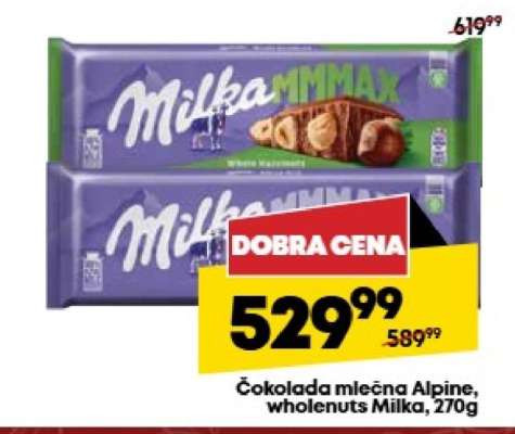 Čokolada mlečna Alpine, wholenuts Milka, 270g