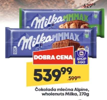 Čokolada mlečna Alpine, wholenuts Milka, 270g