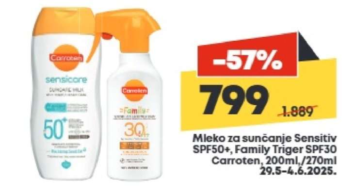 Mleko za sunčanje Sensitiv SPF50+, Family Triger SPF30 Carroten, 200ml./270ml