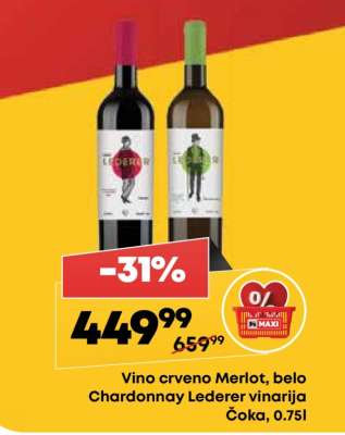 Vino crveno Merlot, belo Chardonnay Lederer vinarija Čoka