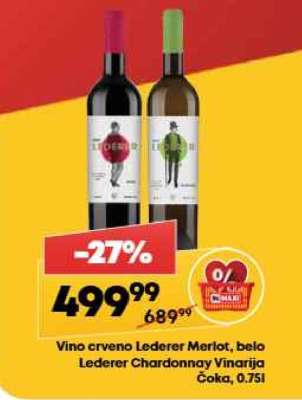 Vino crveno Lederer Merlot, belo Lederer Chardonnay Vinarija Čoka, 0.75l