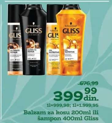 Balzam za kosu 200ml ili šampon 400ml Gliss