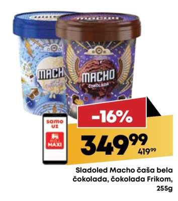 Sladoled Macho čaša bela čokolada, čokolada Frikom