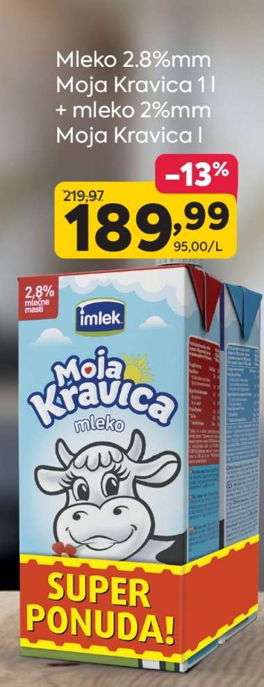 Mleko 2.8%mm Moja Kravica 1 l + mleko 2%mm Moja Kravica l