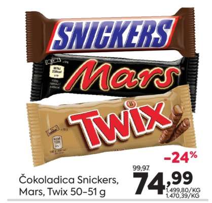 Čokoladica Snickers, Mars, Twix 50-51 g