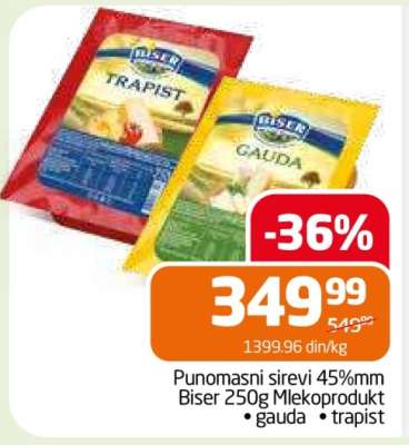 Punomasni sirevi 45%mm Biser 250g Mlekoprodukt