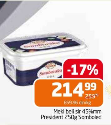 Meki beli sir 45%mm President 250g Somboled