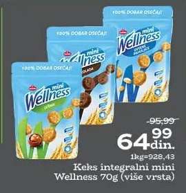 Keks integralni mini Wellness 70g (više vrsta)