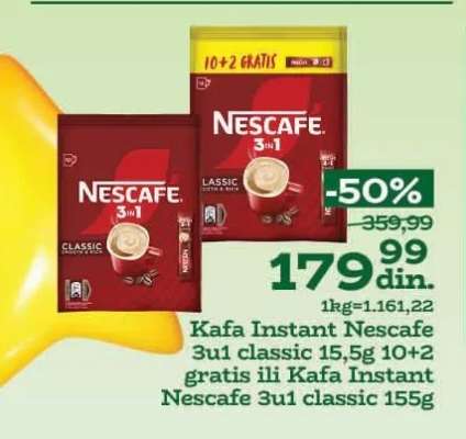 Kafa Instant Nescafe 3u1 classic 15,5g 10+2 gratis ili Kafa Instant Nescafe 3u1 classic 155g