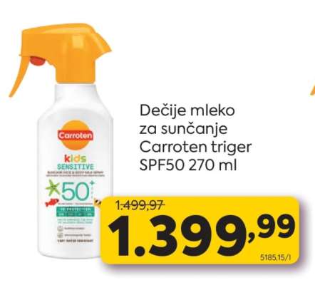 Dečije mleko za sunčanje Carroten triger SPF50 270 ml