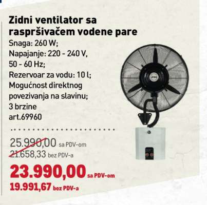 Zidni ventilator sa raspršivačem vodene pare