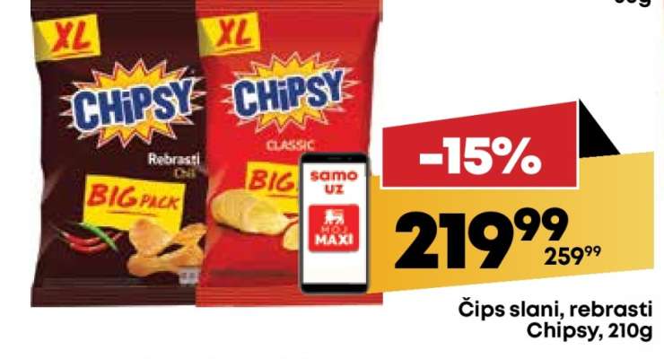 Čips slani, rebrasti Chipsy, 210g