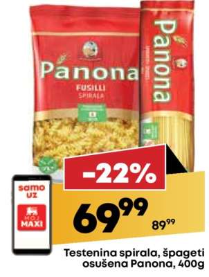 Testenina spirala špageti osušena Panona 400g